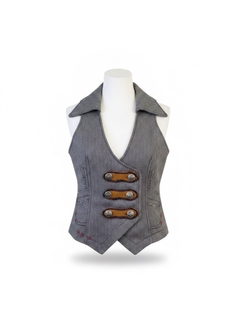 Not The Same Womens Gray Herringbone Wool Vest Multicolor Button Detail Size 38